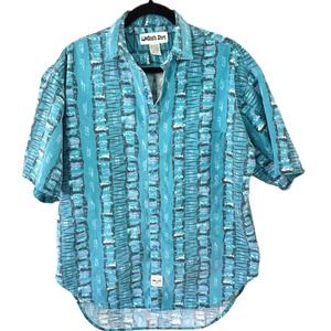 Vintage Whooos Shirt Mens Medium Teal Abstract Geometric Cotton Button Down USA